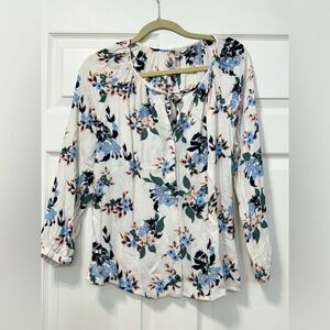 EUC Lucky Brand Floral White Button Down Blouse Shirt Women's Sz M
